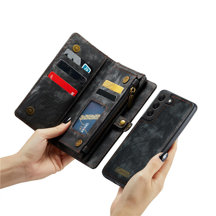 CaseMe Samsung Galaxy S22 Zipper Wallet Magnetic Detachable 2 in 1 Case with Wrist Strap