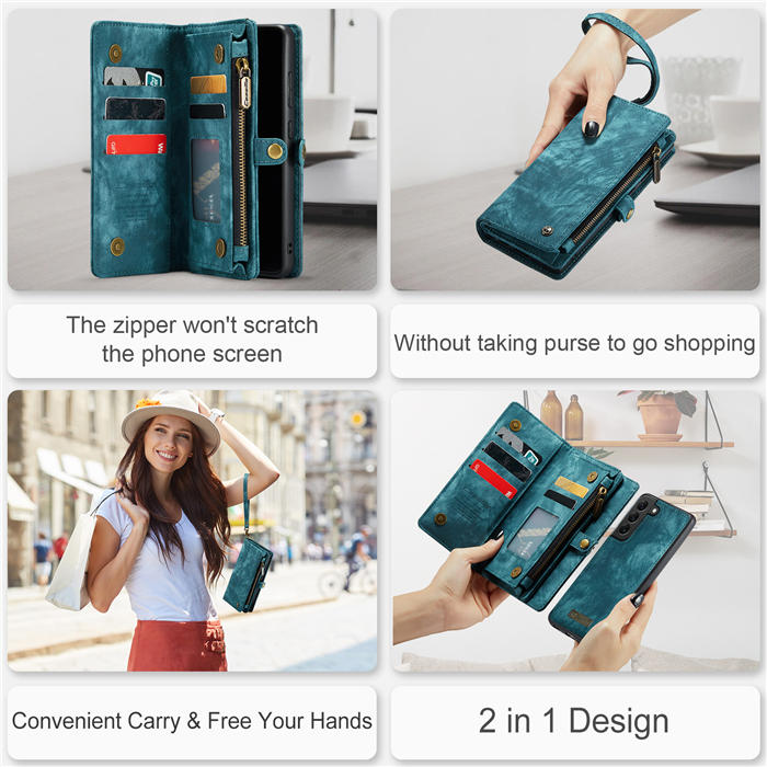 CaseMe Samsung Galaxy S22 Zipper Wallet Magnetic Detachable 2 in 1 Case with Wrist Strap
