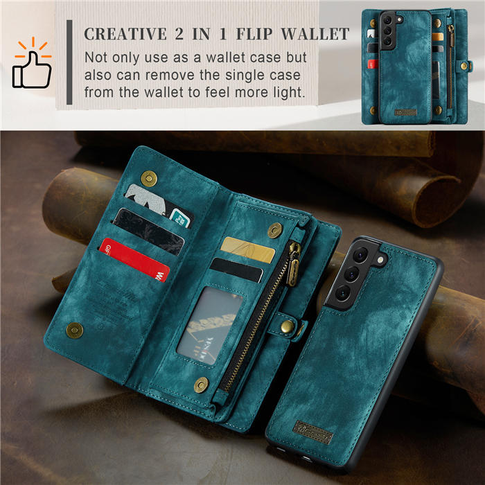 CaseMe Samsung Galaxy S21 FE Zipper Wallet Magnetic Detachable 2 in 1 Case with Wrist Strap