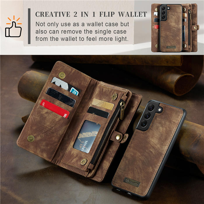 CaseMe Samsung Galaxy S22 Plus Zipper Wallet Magnetic Detachable 2 in 1 Case with Wrist Strap