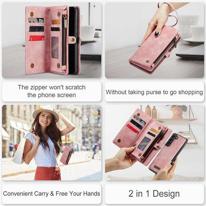 CaseMe Samsung Galaxy S22 Plus Zipper Wallet Magnetic Detachable 2 in 1 Case with Wrist Strap