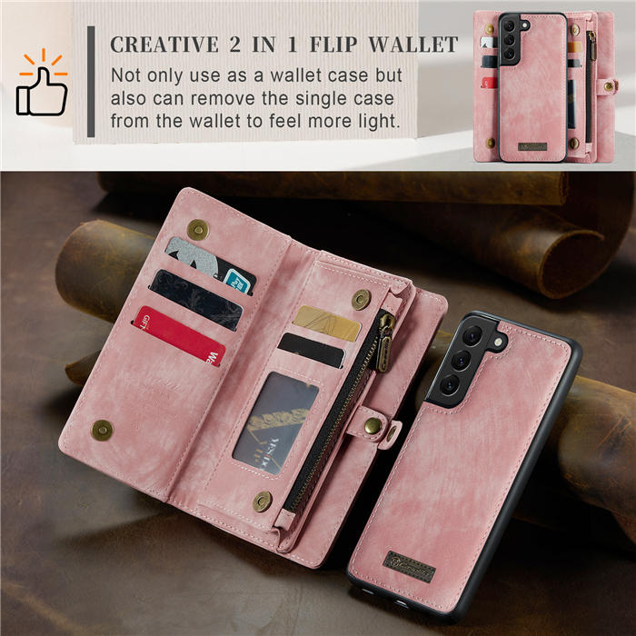 CaseMe Samsung Galaxy S22 Zipper Wallet Magnetic Detachable 2 in 1 Case with Wrist Strap