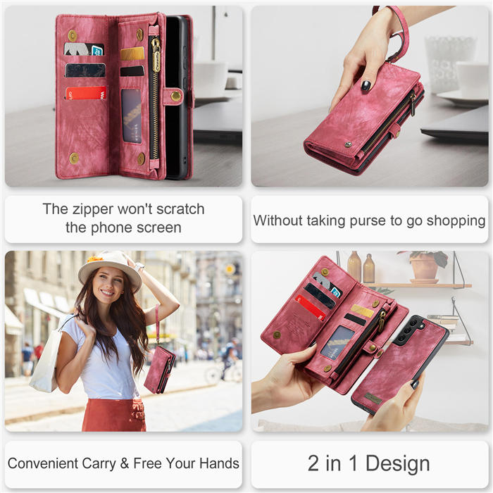 CaseMe Samsung Galaxy S21 Plus Zipper Wallet Magnetic Detachable 2 in 1 Case with Wrist Strap