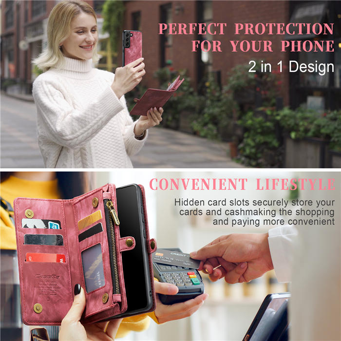 CaseMe Samsung Galaxy S22 Plus Zipper Wallet Magnetic Detachable 2 in 1 Case with Wrist Strap