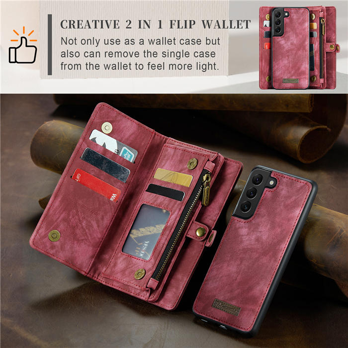 CaseMe Samsung Galaxy S22 Zipper Wallet Magnetic Detachable 2 in 1 Case with Wrist Strap