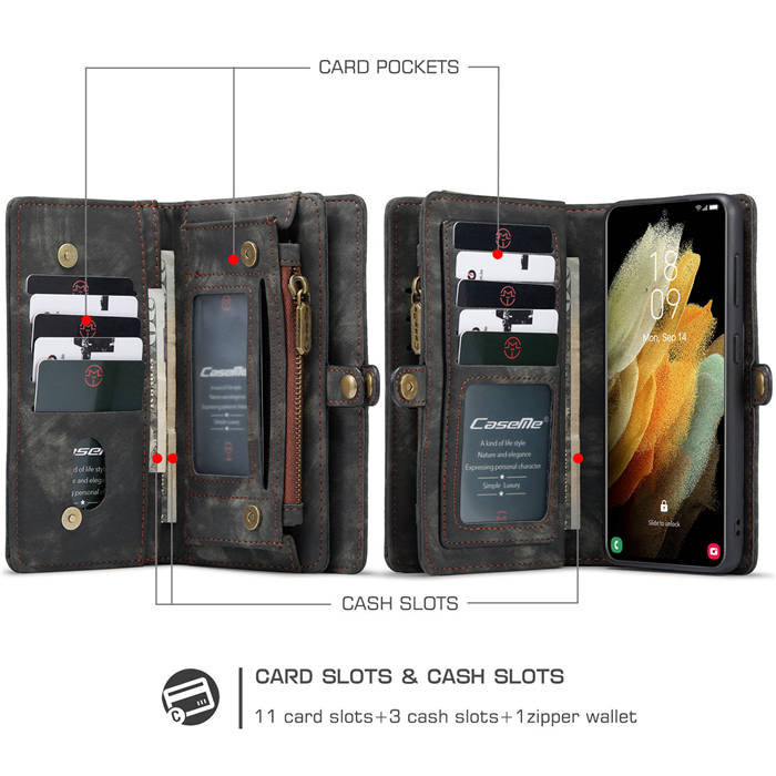 CaseMe Samsung Galaxy S21 Plus Wallet Detachable 2 in 1 Case Black