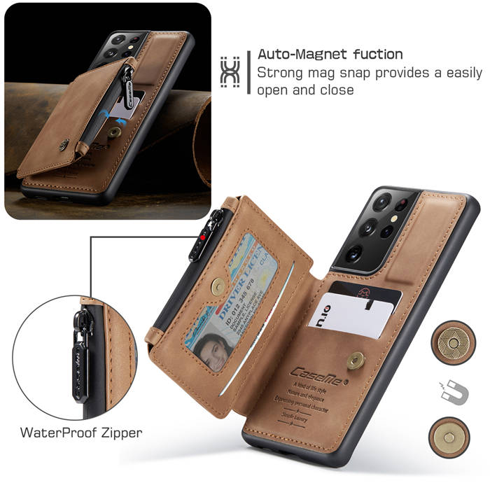 CaseMe Samsung Galaxy S21 Ultra Zipper Pocket Card Slots Case Brown