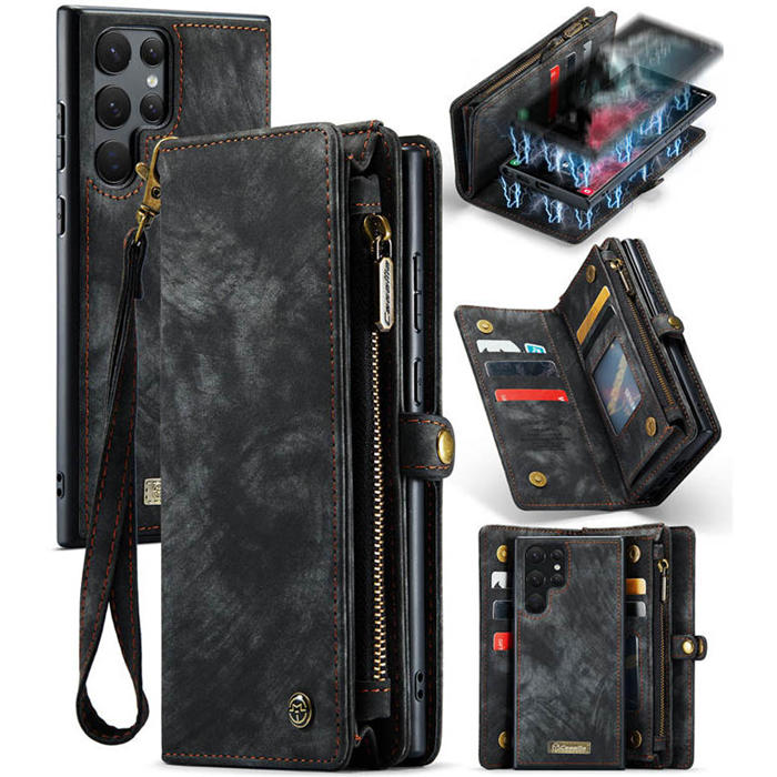 Casebus Samsung Galaxy S22 Ultra Crossbody Wallet Case - Credit Card Holder - Wrist Strap - Kickstand - Zipper Pocket - Black - Wallet Case