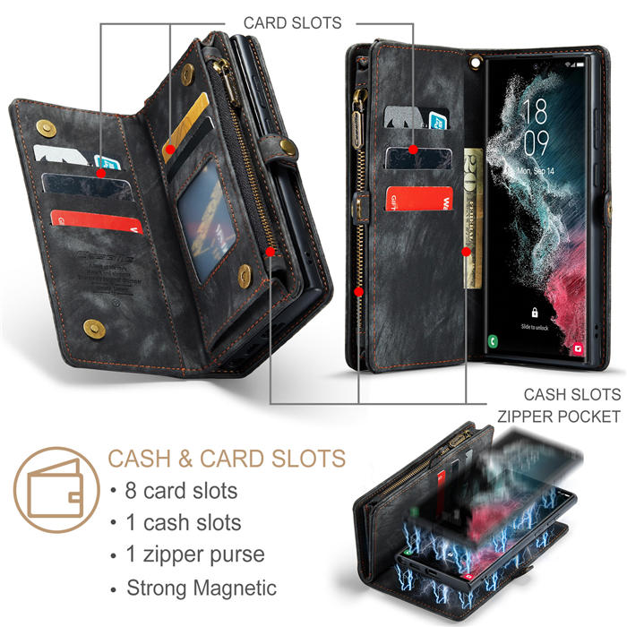 Casebus Samsung Galaxy S22 Ultra Crossbody Wallet Case - Credit Card Holder - Wrist Strap - Kickstand - Zipper Pocket - Black - Wallet Case