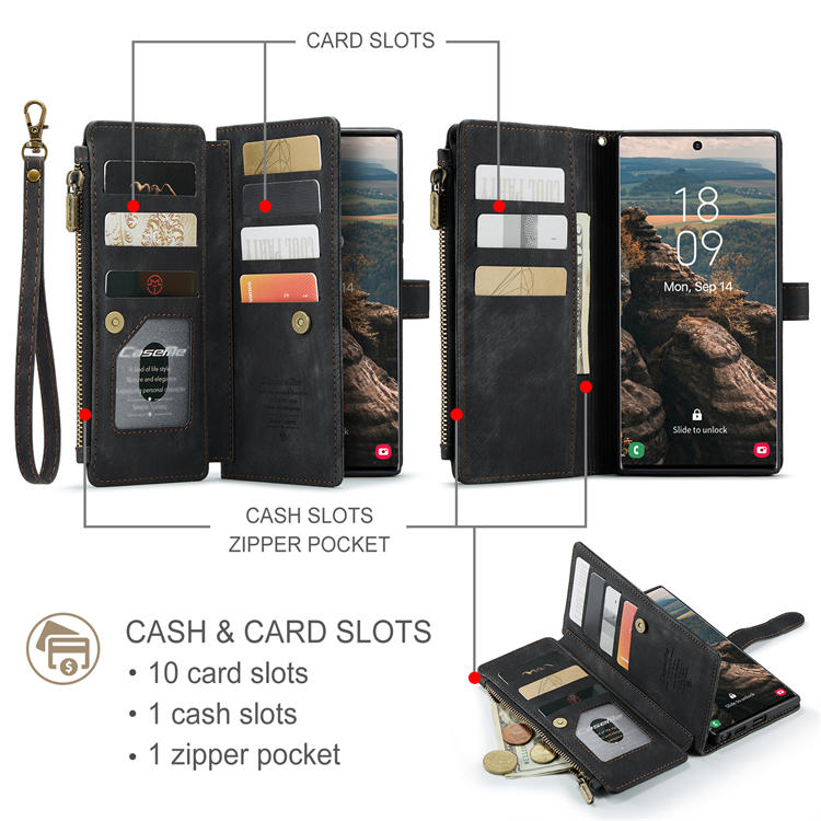 CaseMe Samsung Galaxy S22 Ultra Wallet Kickstand Leather Case Black