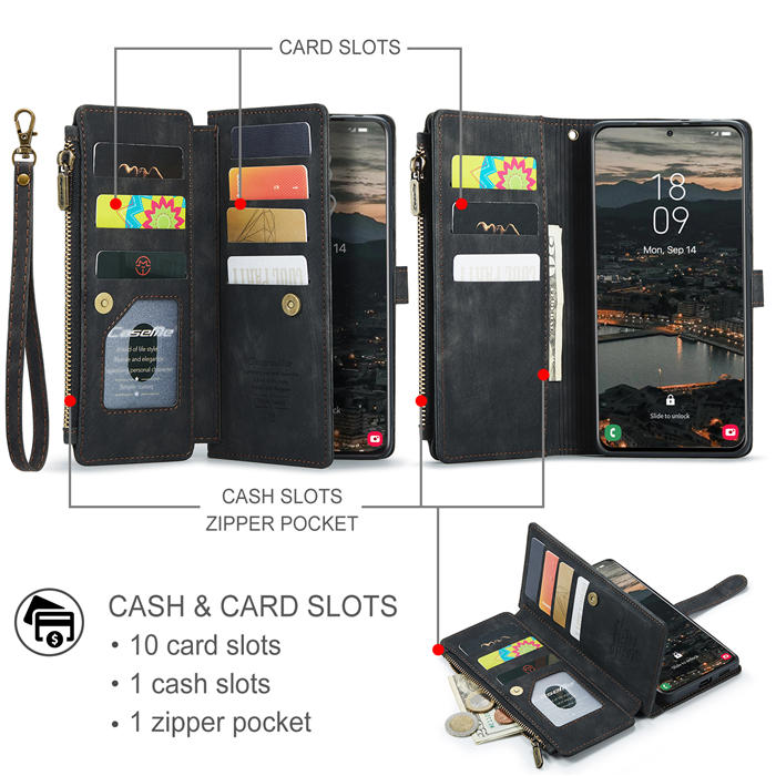 CaseMe Samsung Galaxy S22 Wallet Kickstand Leather Case Black