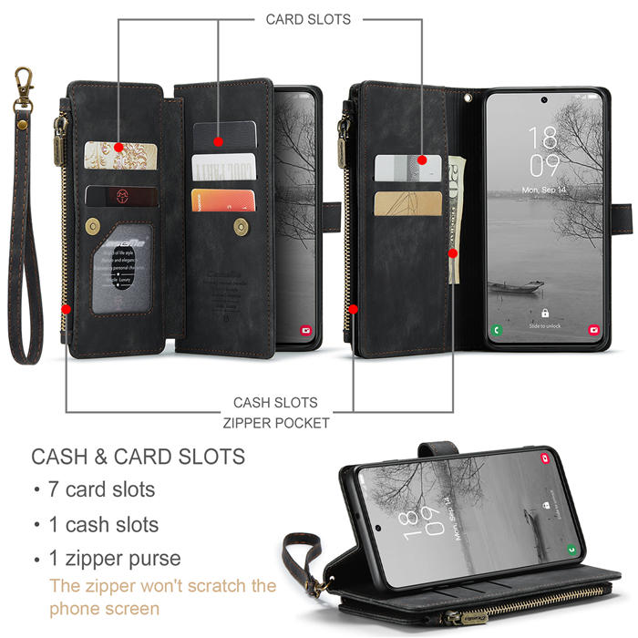 CaseMe Samsung Galaxy S23 Wallet kickstand Magnetic Leather Case with Wrist Strap