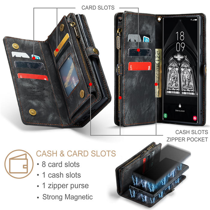 CaseMe Samsung Galaxy S23 Ultra Zipper Wallet Magnetic Detachable 2 in 1 Case with Wrist Strap