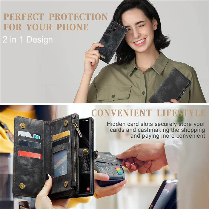 CaseMe Samsung Galaxy S23 Ultra Zipper Wallet Magnetic Detachable 2 in 1 Case with Wrist Strap