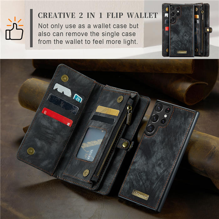 CaseMe Samsung Galaxy S23 Ultra Zipper Wallet Magnetic Detachable 2 in 1 Case with Wrist Strap