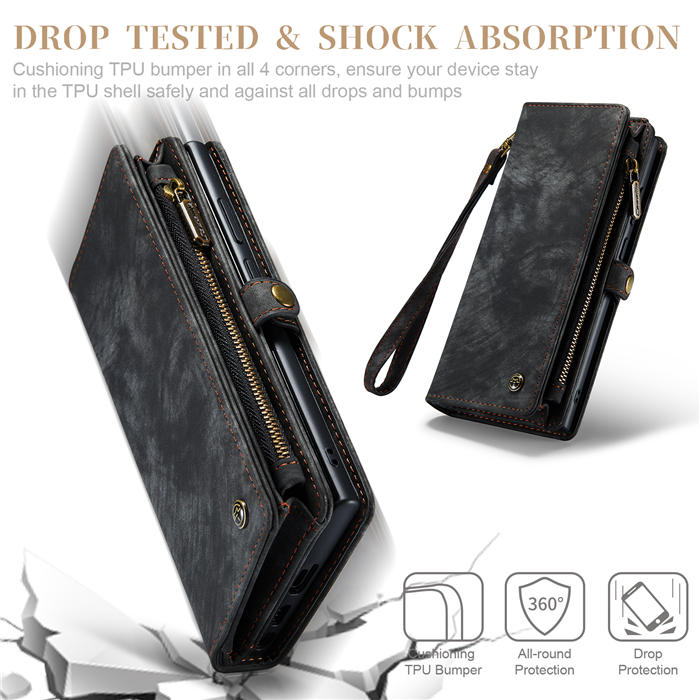 CaseMe Samsung Galaxy S23 Ultra Zipper Wallet Magnetic Detachable 2 in 1 Case with Wrist Strap