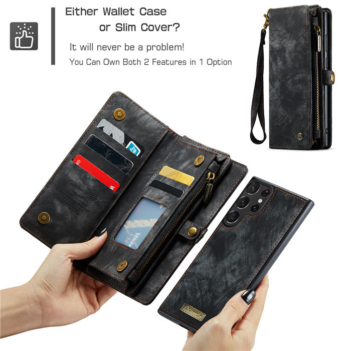 CaseMe Samsung Galaxy S23 Ultra Zipper Wallet Magnetic Detachable 2 in 1 Case with Wrist Strap