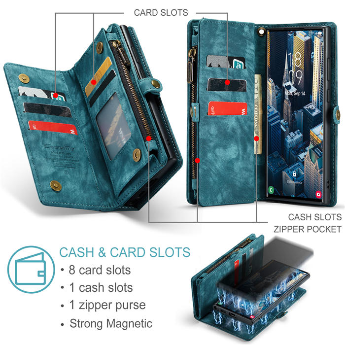 CaseMe Samsung Galaxy S23 Ultra Zipper Wallet Magnetic Detachable 2 in 1 Case with Wrist Strap