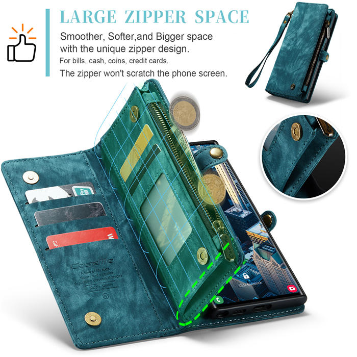 CaseMe Samsung Galaxy S23 Ultra Zipper Wallet Magnetic Detachable 2 in 1 Case with Wrist Strap