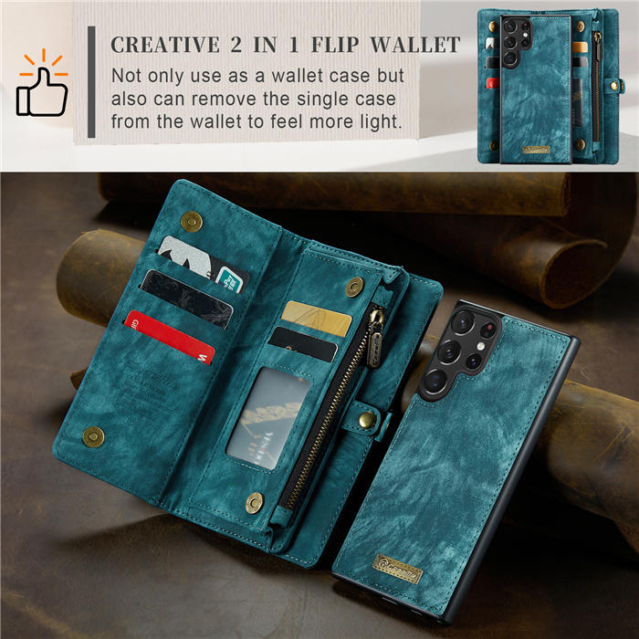 CaseMe Samsung Galaxy S23 Ultra Zipper Wallet Magnetic Detachable 2 in 1 Case with Wrist Strap