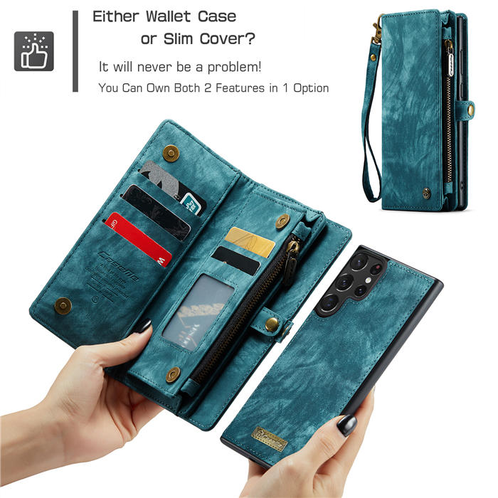 CaseMe Samsung Galaxy S23 Ultra Zipper Wallet Magnetic Detachable 2 in 1 Case with Wrist Strap