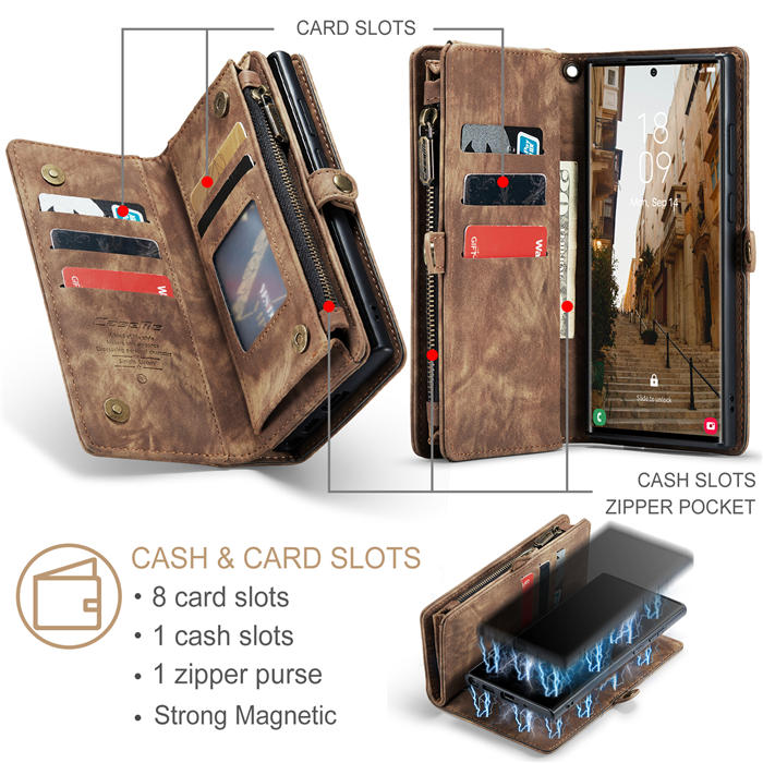 CaseMe Samsung Galaxy S23 Ultra Zipper Wallet Magnetic Detachable 2 in 1 Case with Wrist Strap