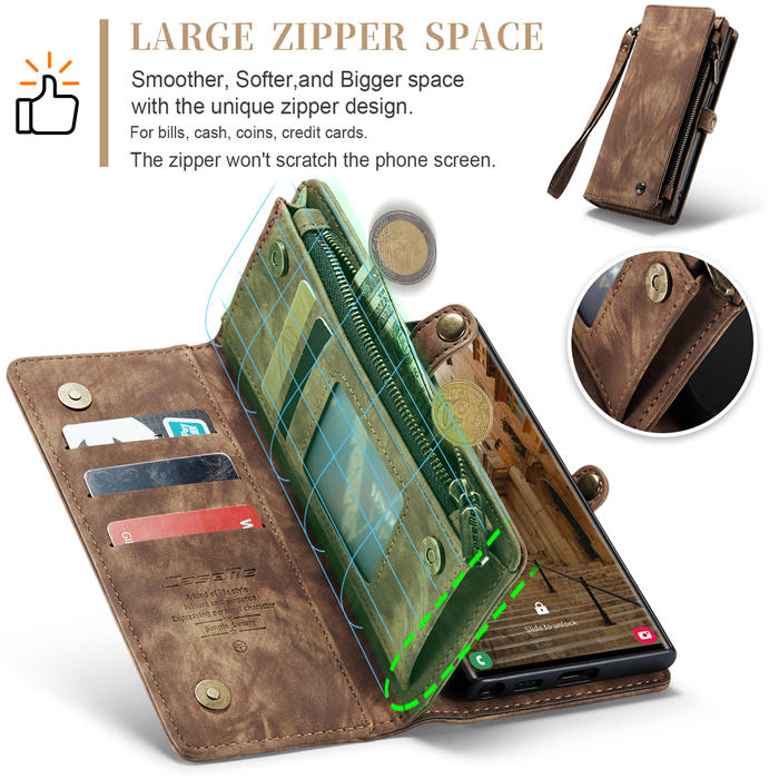 CaseMe Samsung Galaxy S23 Ultra Zipper Wallet Magnetic Detachable 2 in 1 Case with Wrist Strap