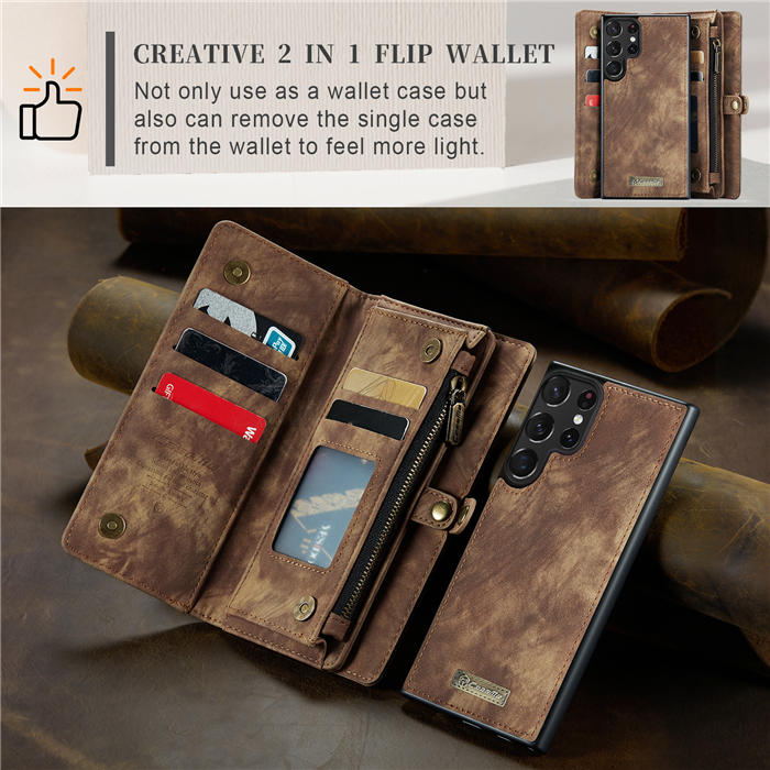 CaseMe Samsung Galaxy S23 Ultra Zipper Wallet Magnetic Detachable 2 in 1 Case with Wrist Strap