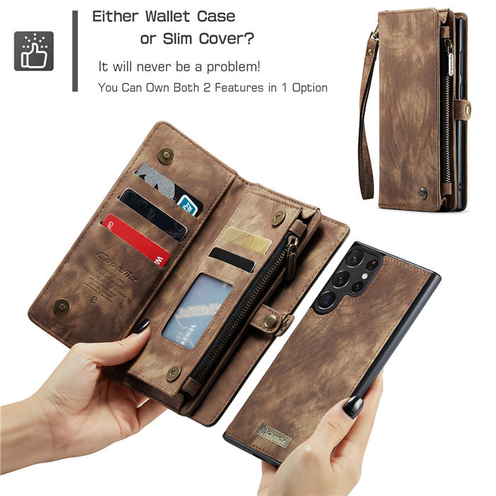 CaseMe Samsung Galaxy S23 Ultra Zipper Wallet Magnetic Detachable 2 in 1 Case with Wrist Strap