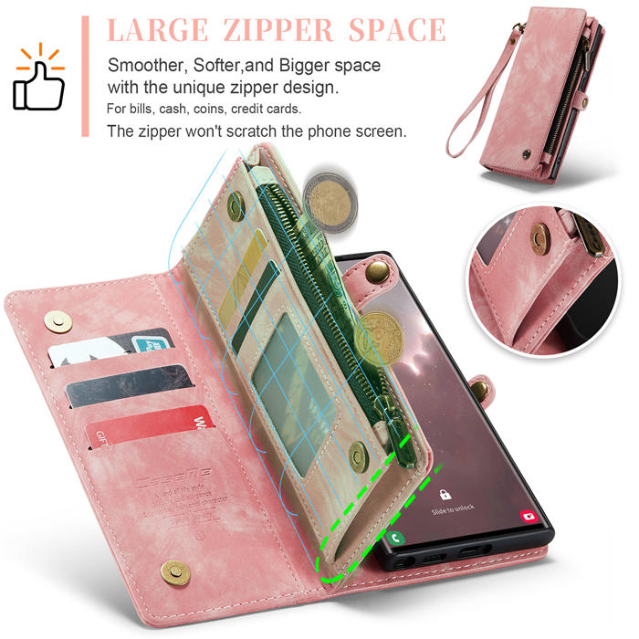 CaseMe Samsung Galaxy S23 Ultra Zipper Wallet Magnetic Detachable 2 in 1 Case with Wrist Strap