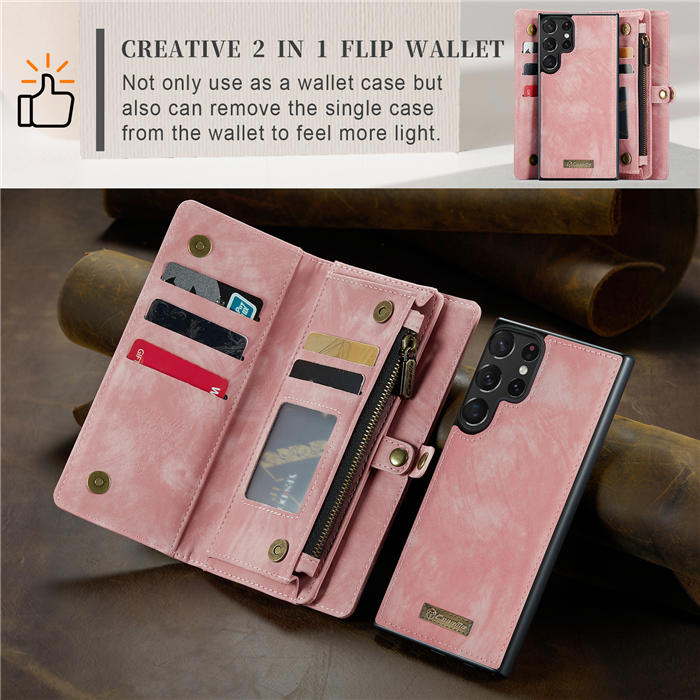 CaseMe Samsung Galaxy S23 Ultra Zipper Wallet Magnetic Detachable 2 in 1 Case with Wrist Strap