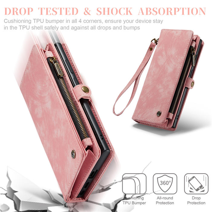 CaseMe Samsung Galaxy S23 Ultra Zipper Wallet Magnetic Detachable 2 in 1 Case with Wrist Strap