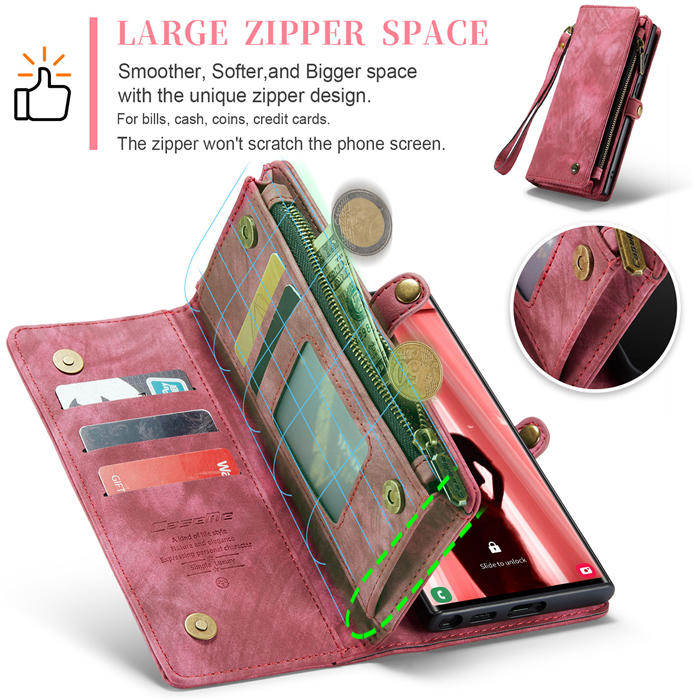 CaseMe Samsung Galaxy S23 Ultra Zipper Wallet Magnetic Detachable 2 in 1 Case with Wrist Strap