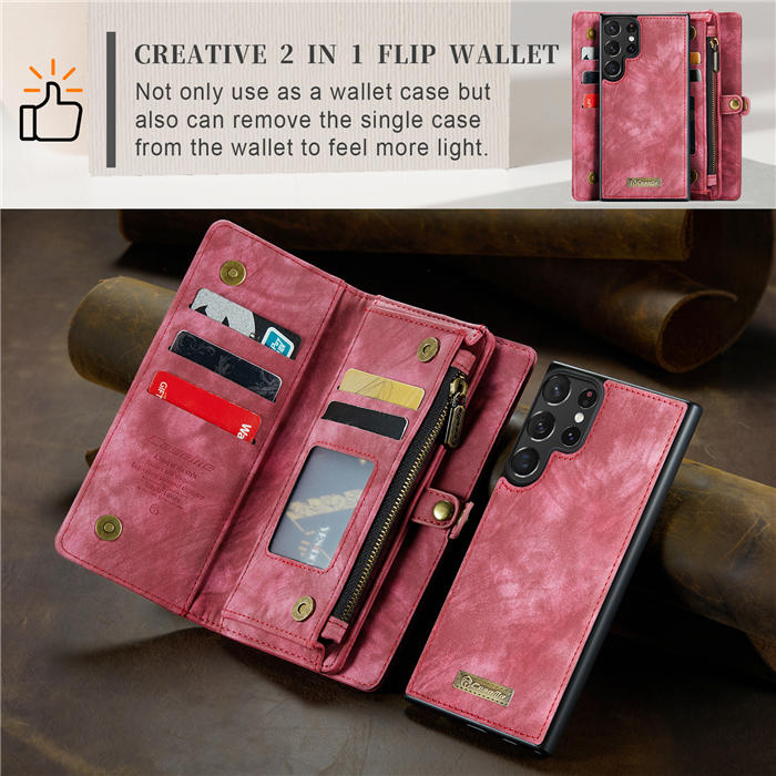 CaseMe Samsung Galaxy S23 Ultra Zipper Wallet Magnetic Detachable 2 in 1 Case with Wrist Strap