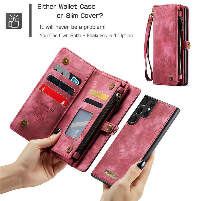 CaseMe Samsung Galaxy S23 Ultra Zipper Wallet Magnetic Detachable 2 in 1 Case with Wrist Strap