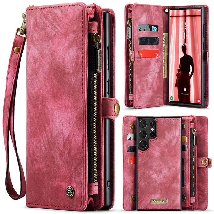 CaseMe Samsung Galaxy S23 Ultra Zipper Wallet Magnetic Detachable 2 in 1 Case with Wrist Strap