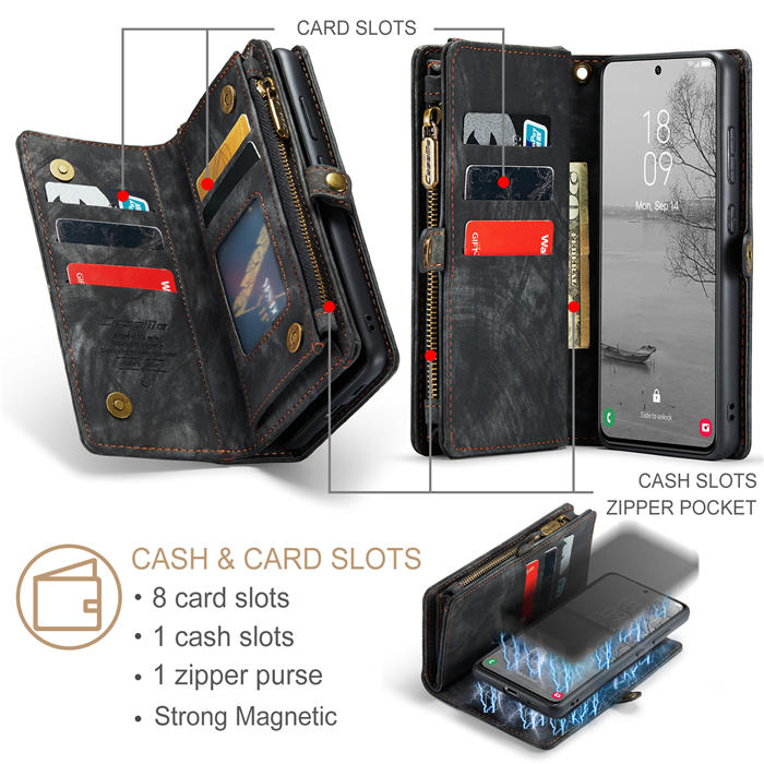 CaseMe Samsung Galaxy S23 Plus Zipper Wallet Magnetic Detachable 2 in 1 Case with Wrist Strap