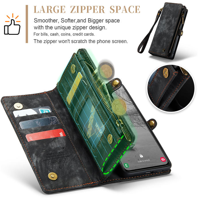 CaseMe Samsung Galaxy S23 Zipper Wallet Magnetic Detachable 2 in 1 Case with Wrist Strap