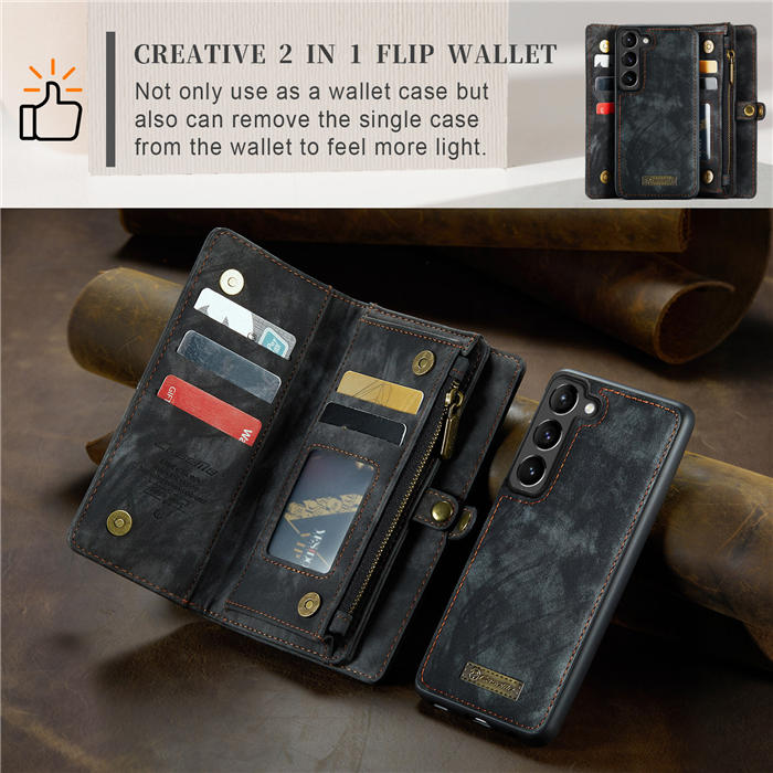 CaseMe Samsung Galaxy S23 Zipper Wallet Magnetic Detachable 2 in 1 Case with Wrist Strap