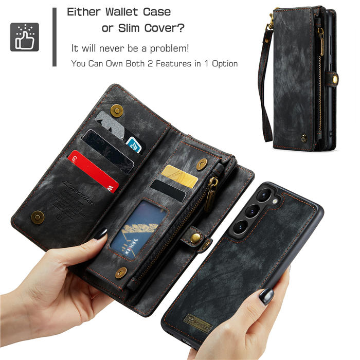 CaseMe Samsung Galaxy S23 Zipper Wallet Magnetic Detachable 2 in 1 Case with Wrist Strap