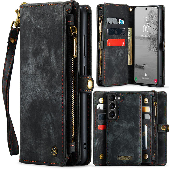 CaseMe Samsung Galaxy S23 Plus Zipper Wallet Magnetic Detachable 2 in 1 Case with Wrist Strap