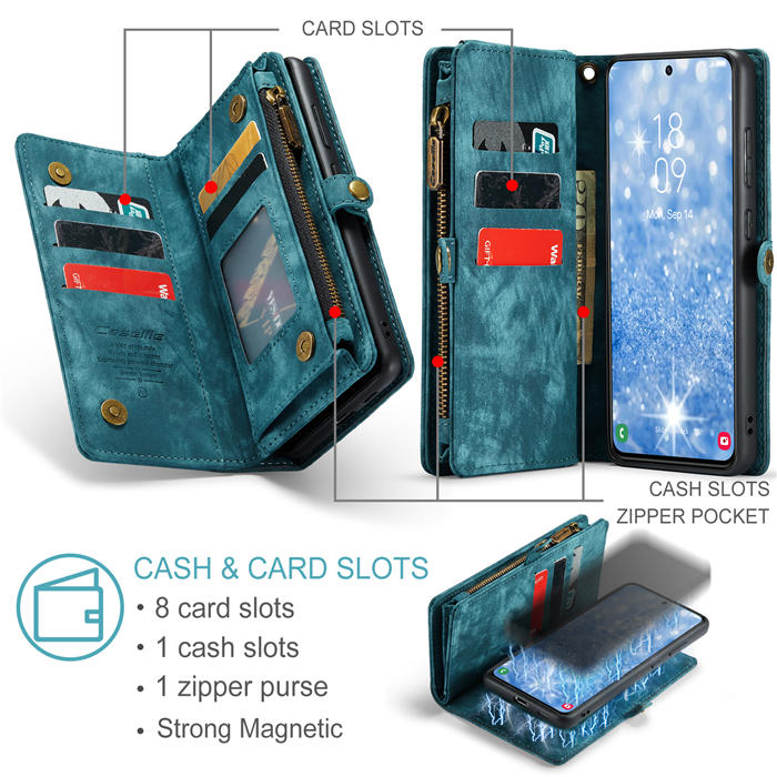 CaseMe Samsung Galaxy S23 Plus Zipper Wallet Magnetic Detachable 2 in 1 Case with Wrist Strap