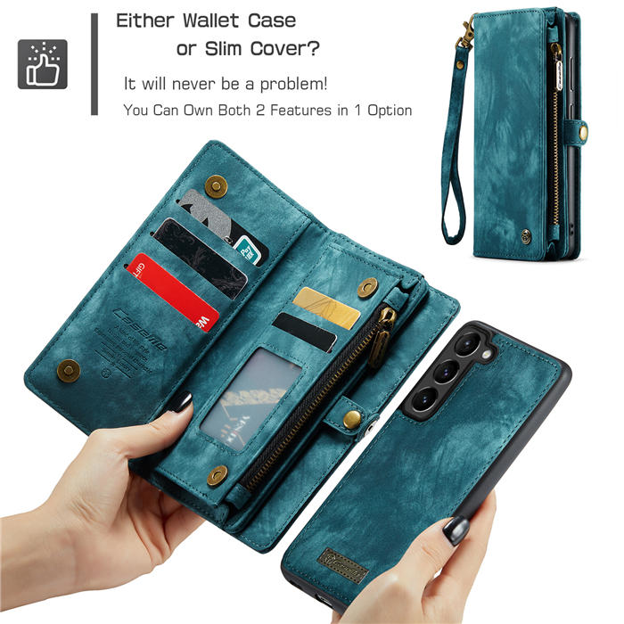 CaseMe Samsung Galaxy S23 Plus Zipper Wallet Magnetic Detachable 2 in 1 Case with Wrist Strap