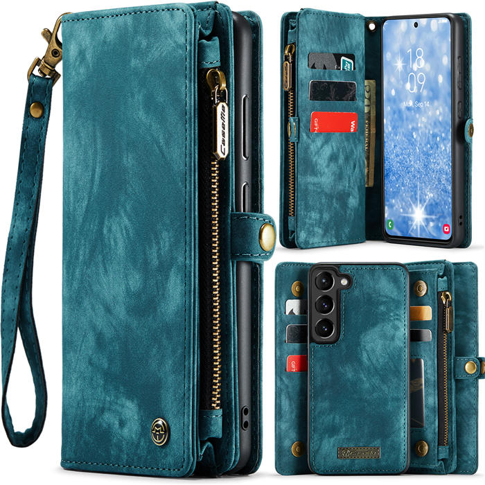 CaseMe Samsung Galaxy S23 Zipper Wallet Magnetic Detachable 2 in 1 Case with Wrist Strap