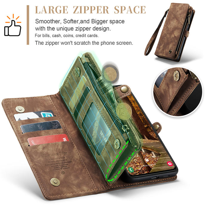 CaseMe Samsung Galaxy S23 Zipper Wallet Magnetic Detachable 2 in 1 Case with Wrist Strap