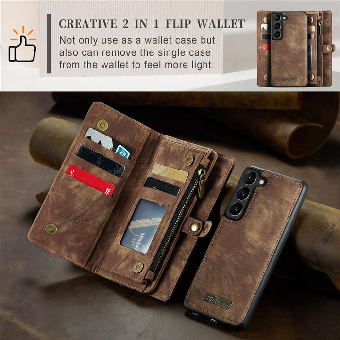 CaseMe Samsung Galaxy S23 Plus Zipper Wallet Magnetic Detachable 2 in 1 Case with Wrist Strap