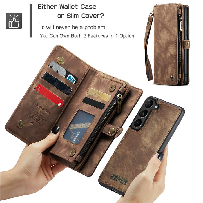 CaseMe Samsung Galaxy S23 Plus Zipper Wallet Magnetic Detachable 2 in 1 Case with Wrist Strap