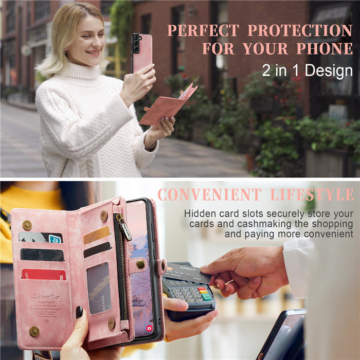 CaseMe Samsung Galaxy S23 Zipper Wallet Magnetic Detachable 2 in 1 Case with Wrist Strap
