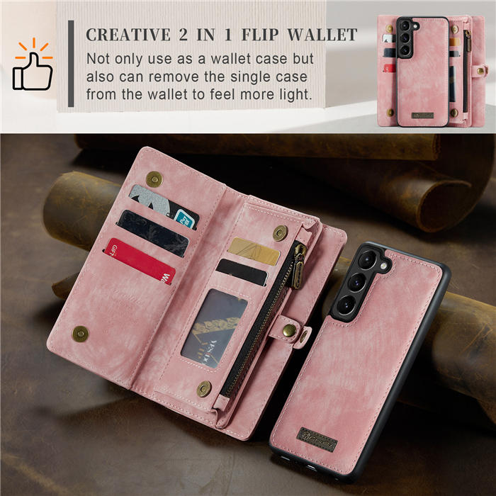 CaseMe Samsung Galaxy S23 Zipper Wallet Magnetic Detachable 2 in 1 Case with Wrist Strap