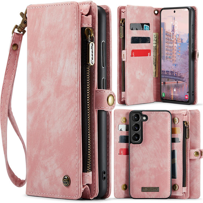 CaseMe Samsung Galaxy S23 Zipper Wallet Magnetic Detachable 2 in 1 Case with Wrist Strap